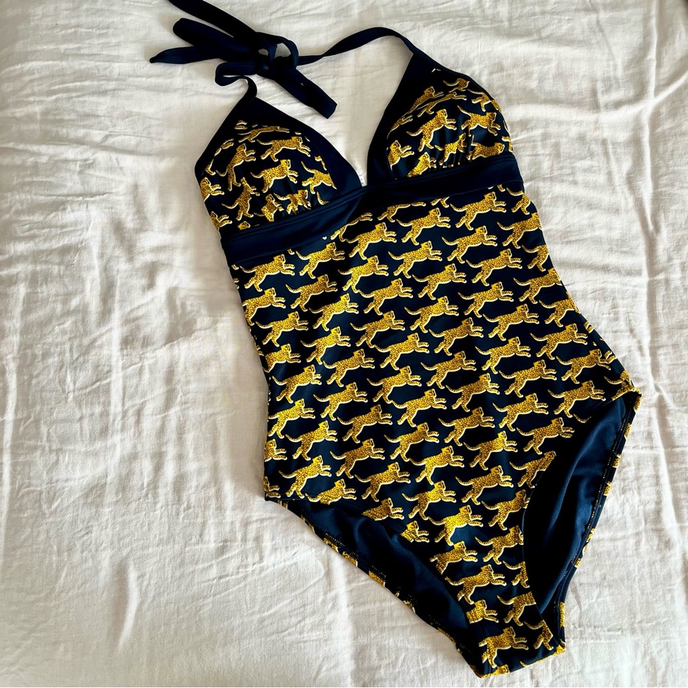 Boden• Retro Navy & Gold Cheetah Print🐆 Halter tie One Piece Bathing Suit• Sz 8 - Picture 2 of 10